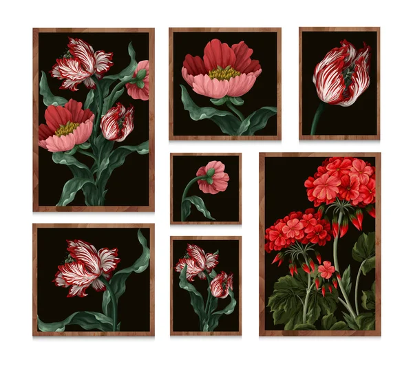 Set of pictures with different botanicals flowers. Vector. — ストックベクタ