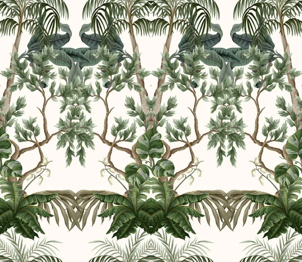 Απρόσκοπτη μοτίβο με vintage δέντρα και φοίνικες, φυτά. Διάνυσμα. — Διανυσματικό Αρχείο