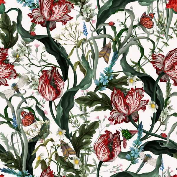 Seamless pattern with vintage tulips. Classic vector wallpaper.