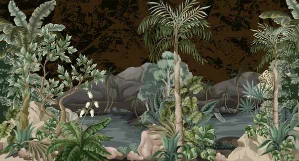 Krajina džungle s řekou a palmami. Interiérová malba. — Stockový vektor