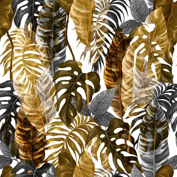 Bordure sans couture avec des feuilles tropicales d'or, papier peint intérieur. Vecteur — Image vectorielle