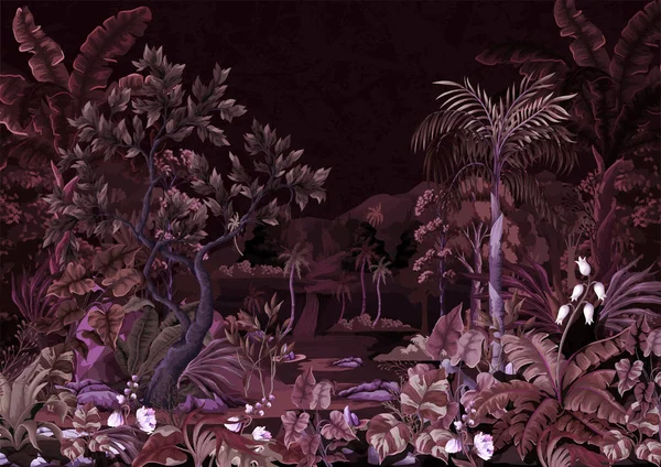 Paesaggio della giungla con fiume e palme nei colori bordeaux. Stampa interna murale. — Vettoriale Stock