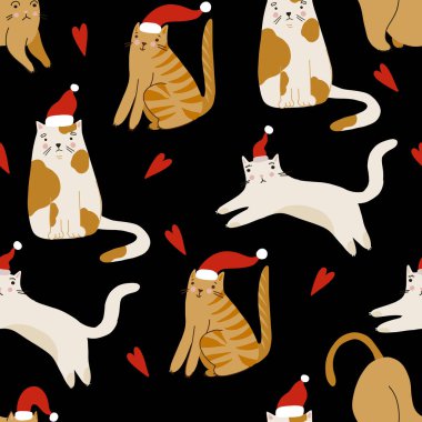 Seamless pattern with cats. Merry Christmas holiday print