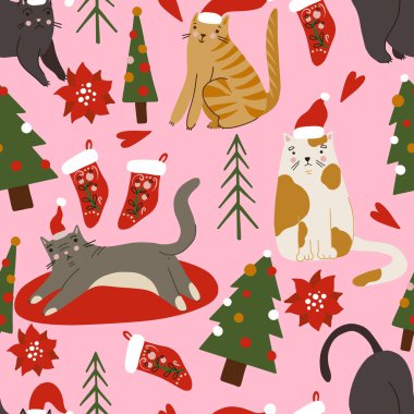 Seamless pattern with cats. Merry Christmas holiday print
