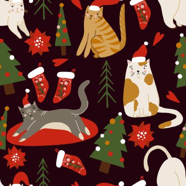 Seamless pattern with cats. Merry Christmas holiday print