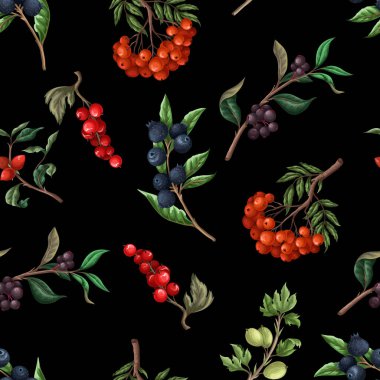 Seamless pattern with berries, such as rowan, blueberries and other. Vector