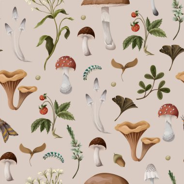 Autumn seamless pattern with mushrooms, berries and bugs. Natural trendy print