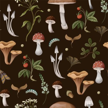 Autumn seamless pattern with mushrooms, berries and bugs. Natural trendy print