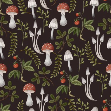 Autumn seamless pattern with mushrooms, berries and bugs. Natural trendy print