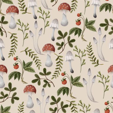 Autumn seamless pattern with mushrooms, berries and bugs. Natural trendy print
