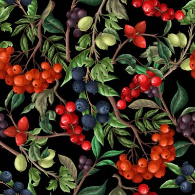 Seamless pattern with berries, such as rowan, blueberries and other. Vector