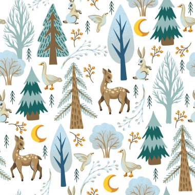 Christmas seamless pattern with rustic animals, birds and trees. Wallpaper print