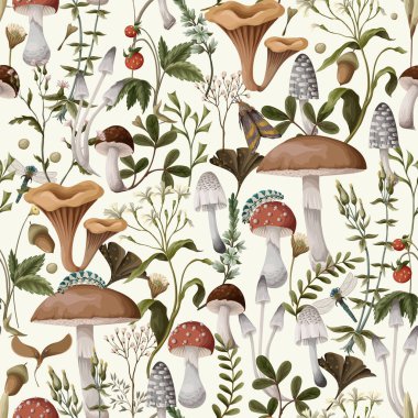 Autumn seamless pattern with mushrooms, berries and bugs. Natural trendy print.