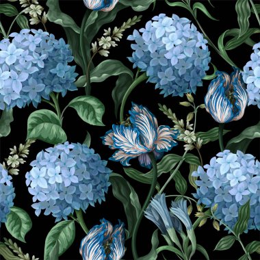 Seamless botanical pattern with hydrangeas and other flowers. Vector.
