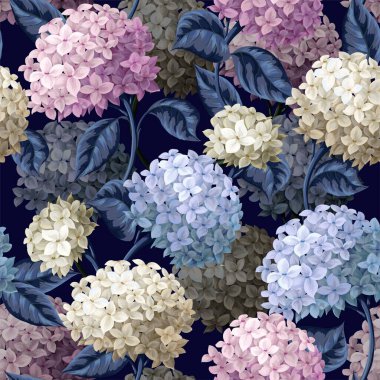 Seamless botanical pattern with hydrangeas. Vector.