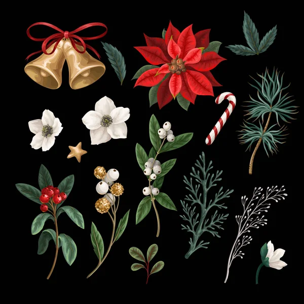 Χριστουγεννιάτικα Βοτανικά Φυτά Λουλούδια Και Καμπάνες Απομονωμένα Υφάσματα Ταπετσαρίες Εκτύπωσης — Διανυσματικό Αρχείο