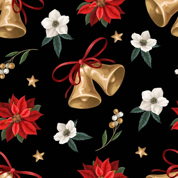 Seamless Pattern Christmas Botanical Plants Flowers Bells Textile Wallpaper Print — Stok Vektör