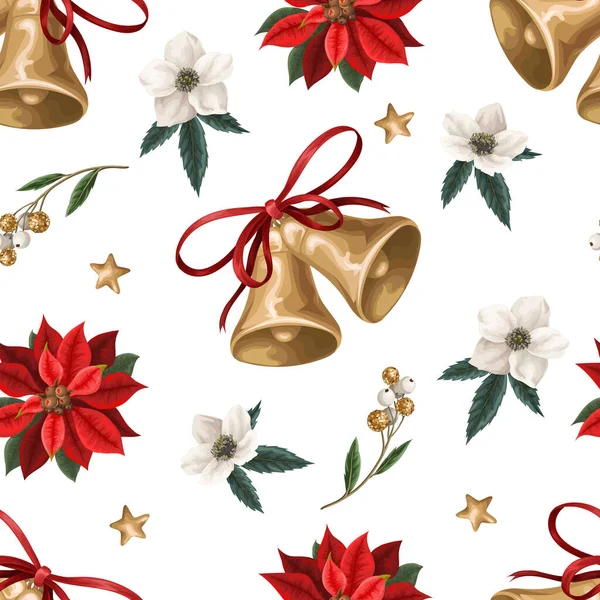 Seamless Pattern Christmas Botanical Plants Flowers Bells Textile Wallpaper Print — Stok Vektör