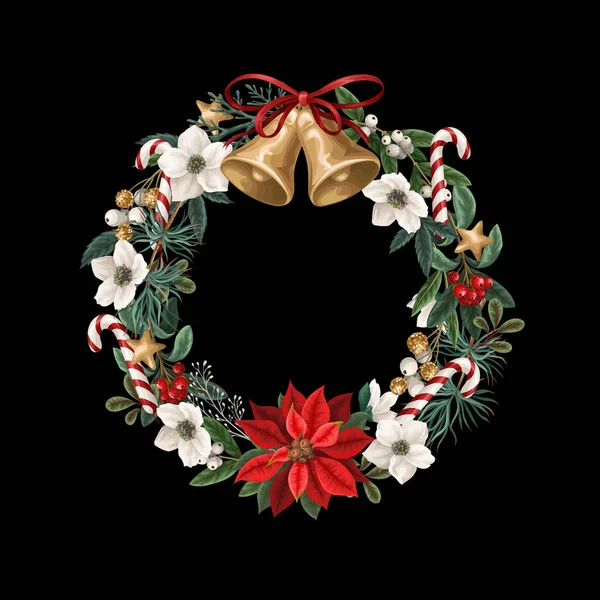Christmas Wreath Botanical Plants Flowers Bells Isolated Textile Wallpaper Print — 图库矢量图片
