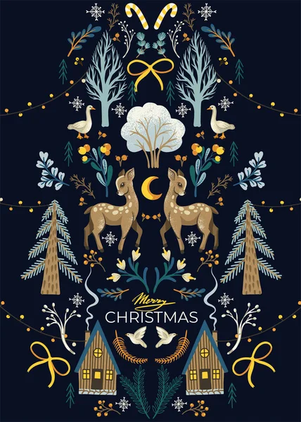 Christmas Card Rustic Animals Birds Trees Wallpaper Print — Stockvektor