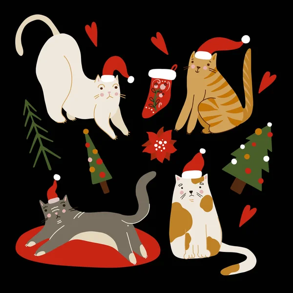 Элементы Праздника Кошки Рождественский Принт — стоковый вектор