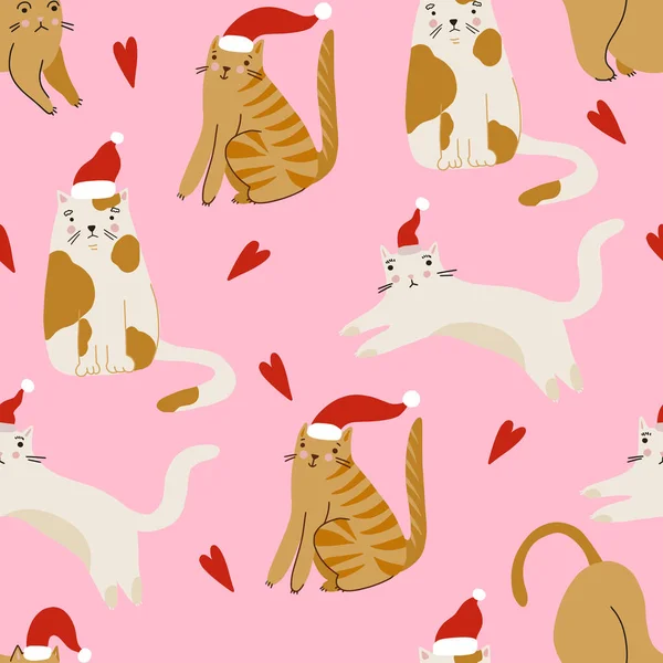 Seamless Pattern Cats Merry Christmas Holiday Print — Stockvector