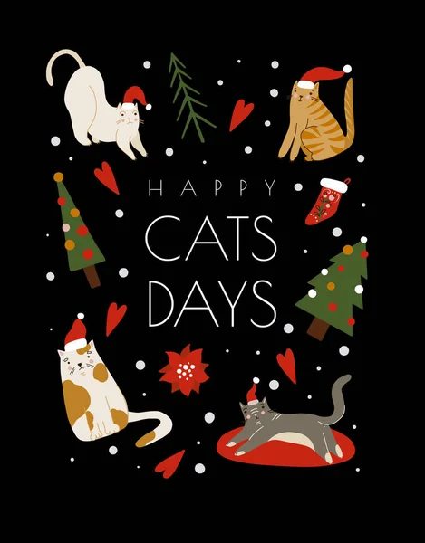 Card Happy Cats Merry Christmas Holiday Print — Stockový vektor