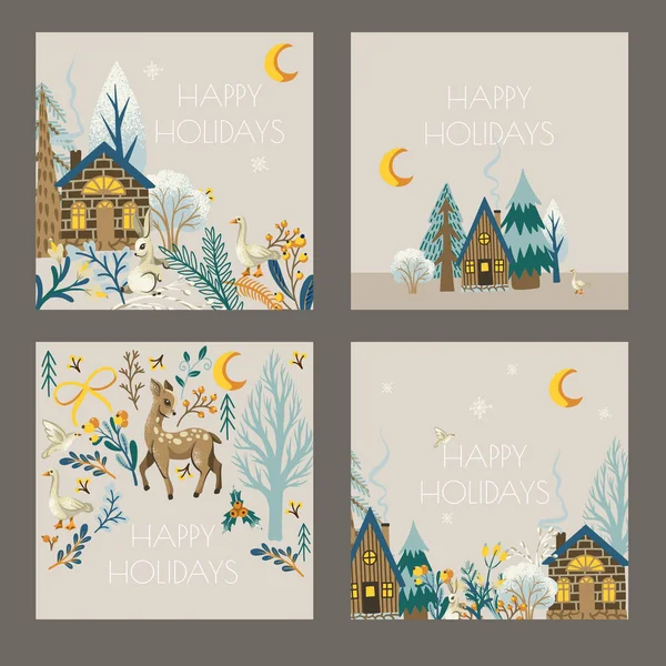 Christmas Card Rustic Animals Birds Trees Wallpaper Print — 스톡 벡터