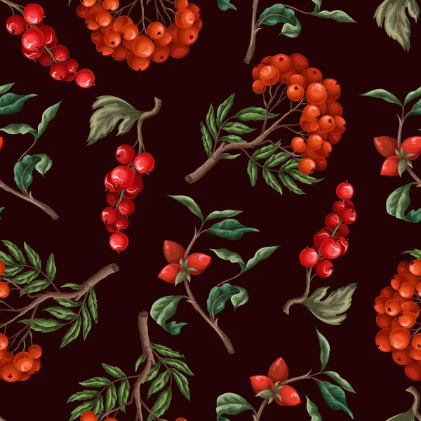 Seamless pattern with berries, such as rowan, blueberries and other. Vector