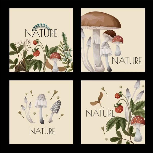 Autumn cards with mushrooms, berries and bugs. Natural trendy print