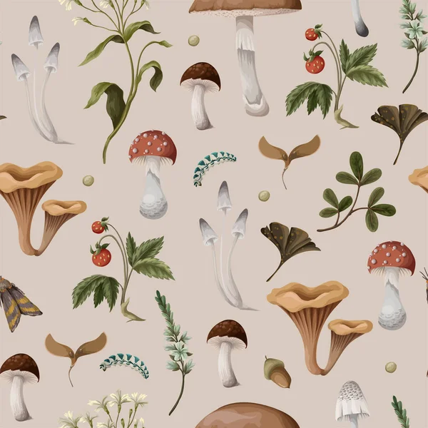 Autumn seamless pattern with mushrooms, berries and bugs. Natural trendy print