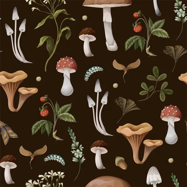 Autumn Seamless Pattern Mushrooms Berries Bugs Natural Trendy Print — Stockvektor
