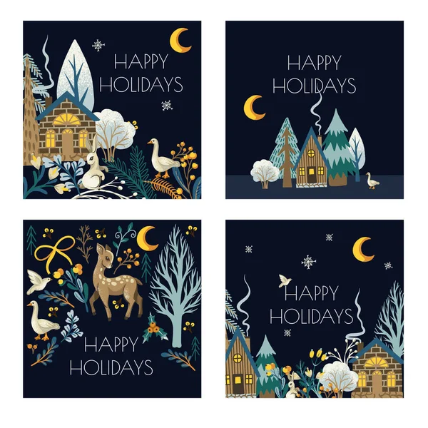 Christmas Card Rustic Animals Birds Trees Wallpaper Print — Vector de stock
