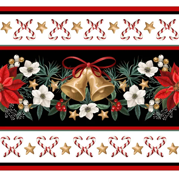Seamless Pattern Christmas Botanical Plants Flowers Bells Textile Wallpaper Print — Wektor stockowy
