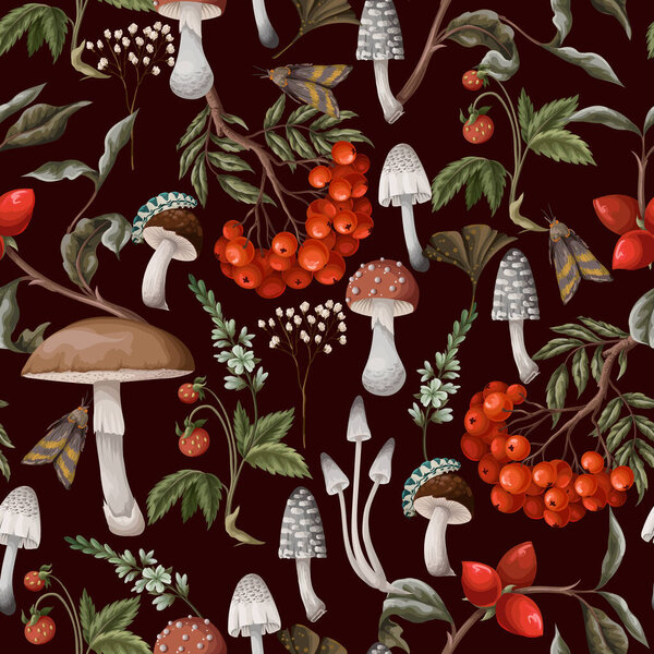 Autumn seamless pattern with mushrooms, berries and plants. Botanical vector