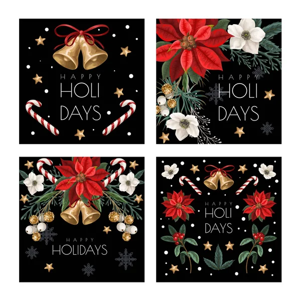 Christmas Card Botanical Plants Flowers Bells Isolated — 스톡 벡터
