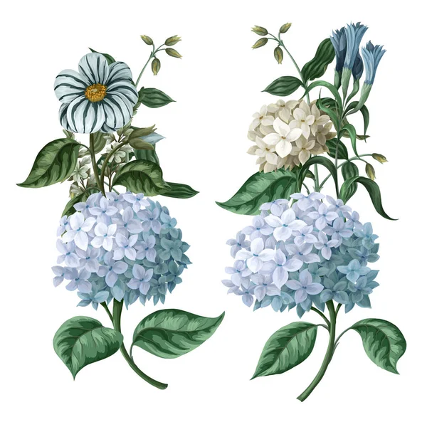 Bouquets with blue hydrangeas and other flowers isolated. Vector