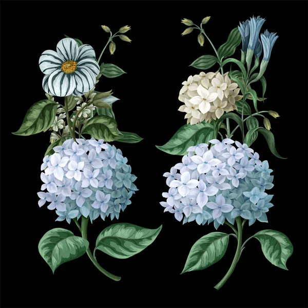 Bouquets with blue hydrangeas and other flowers isolated. Vector