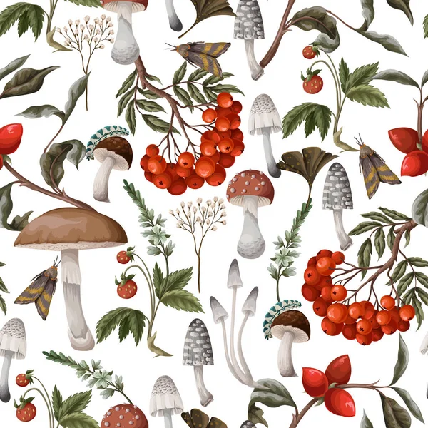 Autumn Seamless Pattern Mushrooms Berries Plants Botanical Vector — Vettoriale Stock