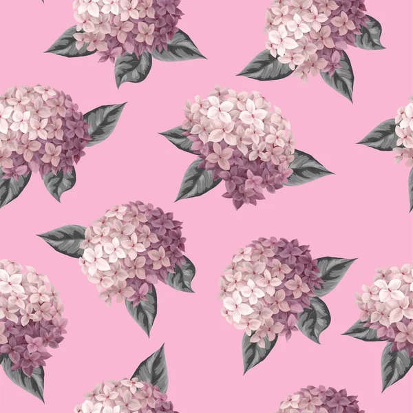 Seamless Botanical Pattern Pink Hydrangeas Vector — Vetor de Stock