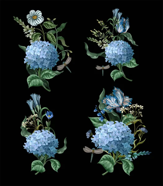 Μπουκέτα Μπλε Ορτανσίες Και Άλλα Λουλούδια Απομονωμένα Διάνυσμα — Διανυσματικό Αρχείο