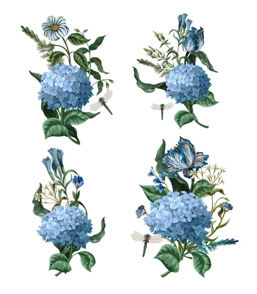 Bouquets with blue hydrangeas and other flowers isolated. Vector