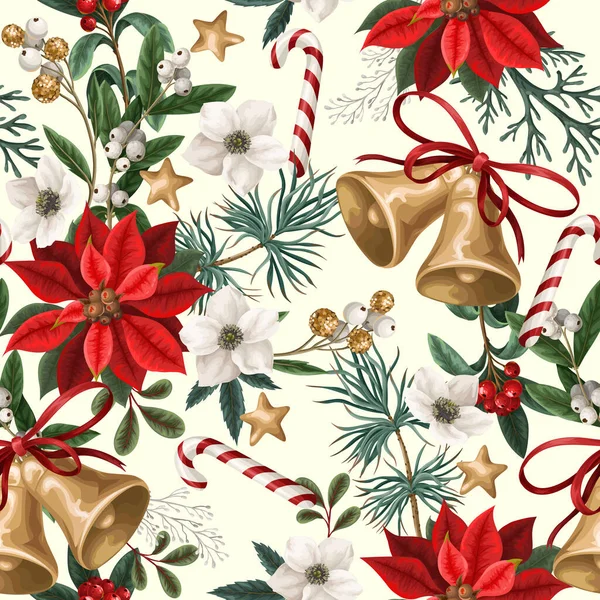 Seamless Pattern Christmas Botanical Plants Flowers Bells Textile Wallpaper Print — Vector de stock