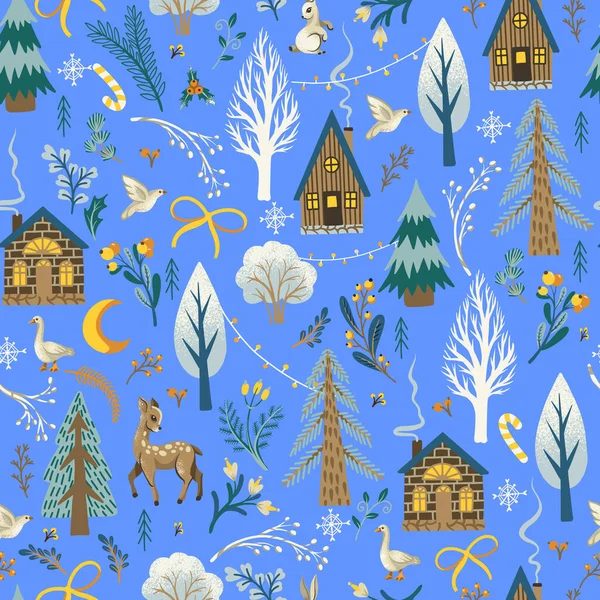 Christmas Seamless Pattern Rustic Animals Birds Trees Wallpaper Print — ストックベクタ