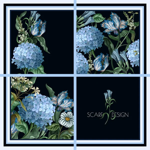 Design Scarf Blue Hydrangeas Anf Other Flowers Vector — Vetor de Stock