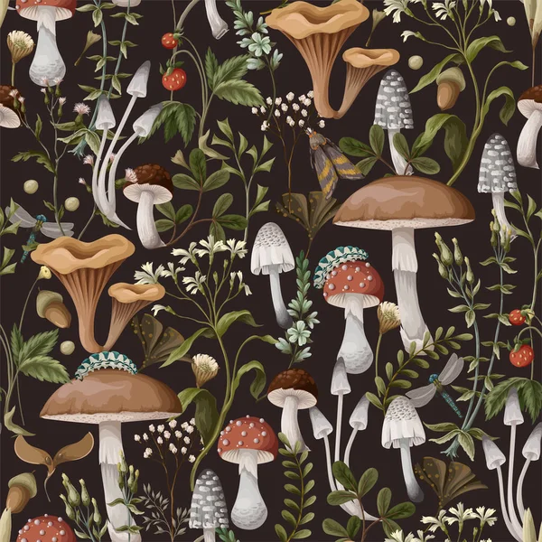 Autumn seamless pattern with mushrooms, berries and bugs. Natural trendy print