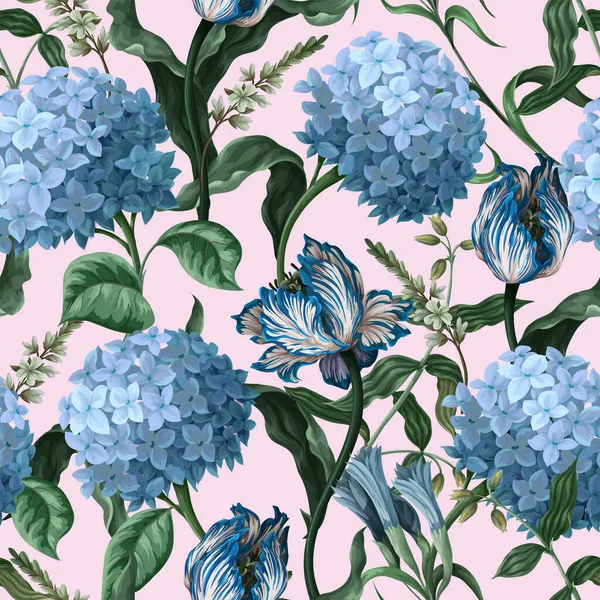 Seamless botanical pattern with hydrangeas and other flowers. Vector.
