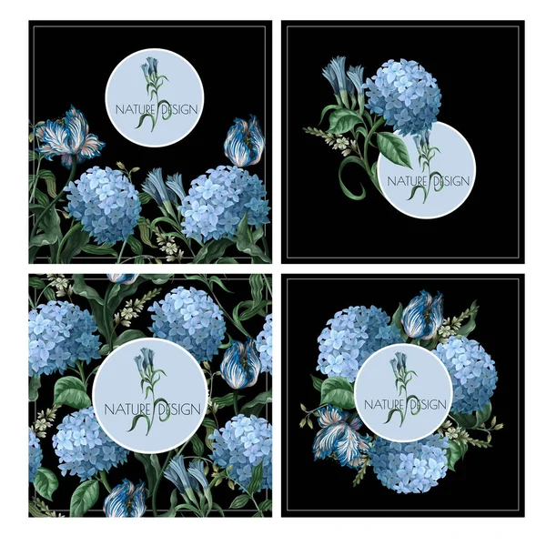 Cards with blue hydrangeas and other flowers isolated. Vector.