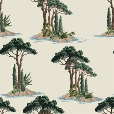 Seamless pattern with pine trees, bushes and plant. Vector