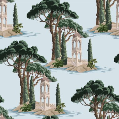 Seamless pattern with trees and alcove. Interior print.